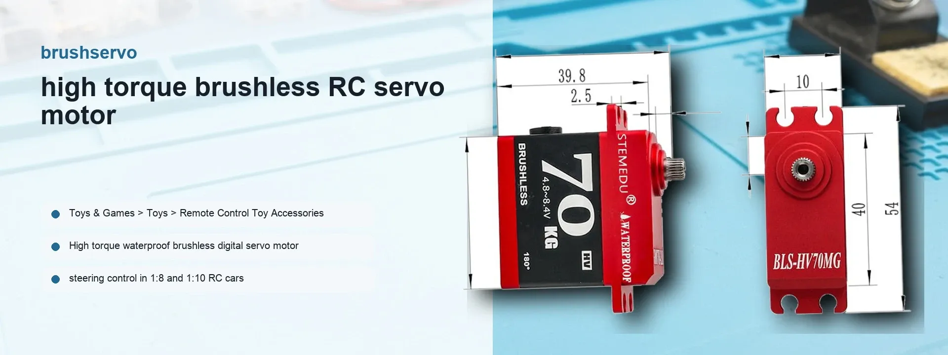 Red and black high torque waterproof brushless RC steering servo shown with dimensional diagrams and product specifications.