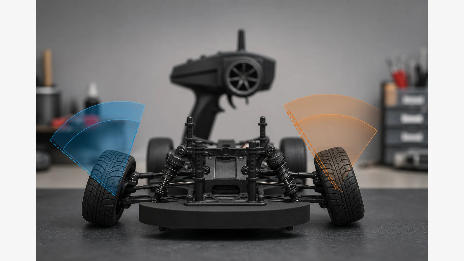 RC car front wheels showing unequal left and right steering travel during a setup check