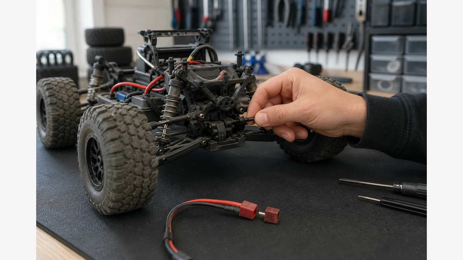 RC steering linkage inspected with power disconnected after a crash
